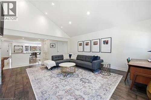 Living area with vaulted ceilings and recessed lighting - 24 Glenwood Crescent, Hamilton, ON - Indoor Photo Showing Living Room