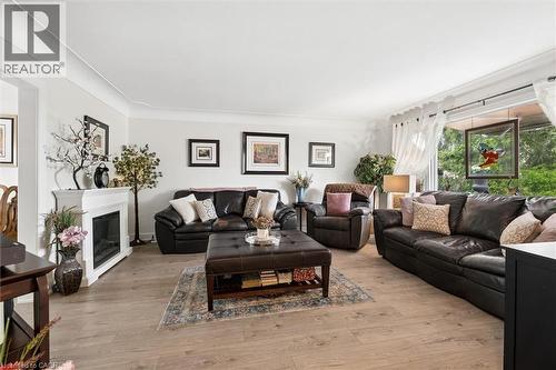 Bright living space featuring wood-finish flooring, a white mantel fireplace, crown molding, and abundant natural light from a large window - 786 S Stirling Avenue S, Kitchener, ON - Indoor Photo Showing Living Room With Fireplace