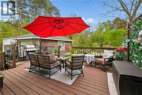 Spacious outdoor deck featuring wood-finish decking, dark wood railings, and a privacy screen with integrated trellis - 786 S Stirling Avenue S, Kitchener, ON - Outdoor With Deck Patio Veranda With Exterior