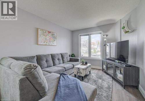 Living area featuring light grey walls, wood-finish flooring, a bright window, and a textured area rug - 334 Christopher Drive, Cambridge, ON - Indoor Photo Showing Living Room