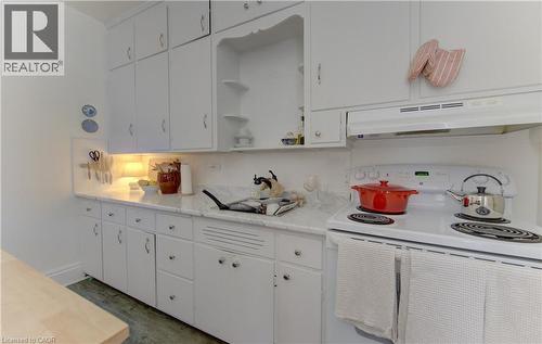 Upper unit kitchen featuring ample cabinetry, stone-finish countertops, a built-in range, and a single-basin sink - 48 Breithaupt Street, Kitchener, ON - Indoor Photo Showing Kitchen
