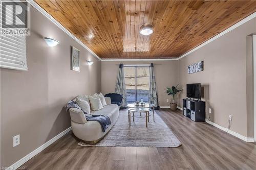 Living room featuring wood finished floors and wooden ceiling - 146 Bechtel Drive, Kitchener, ON - Indoor Photo Showing Living Room
