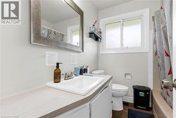 Bathroom featuring a vanity with a white countertop and integrated sink, a large framed mirror, a privacy window, a toilet, and wood-finish flooring - 