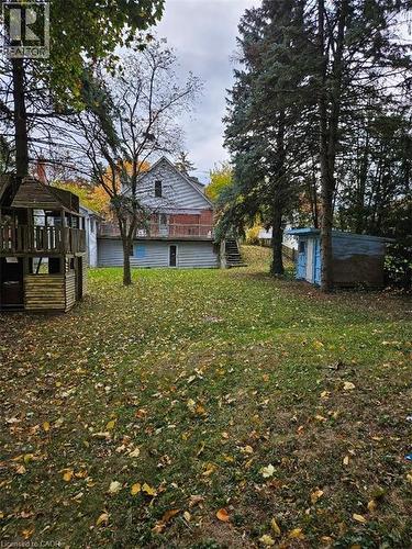 Expansive green space featuring a multi-level wooden play structure, mature evergreen trees, and a detached storage shed - 1154 Queens Boulevard, Kitchener, ON - Outdoor