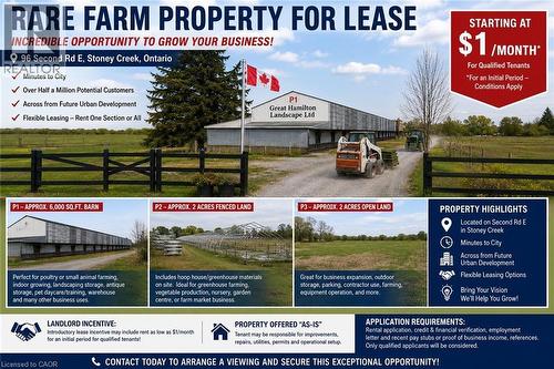 Property Lease Advertisement. Detailing a farm property available for lease, including various sections and application requirements - 96 Second Road E, Stoney Creek, ON - Other