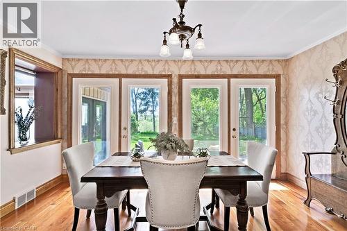 Hardwood flooring complements the patterned wallpaper - 91 Limerick Drive, Kitchener, ON - Indoor Photo Showing Dining Room