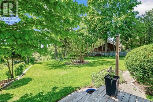 Expansive backyard featuring a manicured lawn, mature trees providing shade, and a multi-level wood deck - 91 Limerick Drive, Kitchener, ON - Outdoor With Deck Patio Veranda