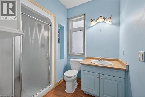 Bathroom featuring a standing shower with frosted glass enclosure, a vanity with a built-in sink and blue cabinetry, a toilet, and wood-finish flooring - 704 Stone Church Road E, Hamilton, ON - Indoor Photo Showing Bathroom