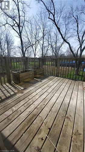 Wood deck with a slatted railing overlooking a treed landscape - 3355 King Street E, Kitchener, ON - Outdoor
