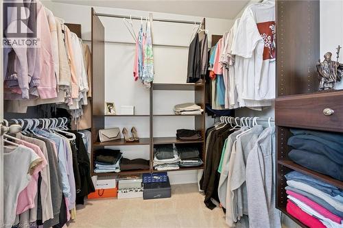Walk-in closet featuring built-in wood-finish shelving, multiple hanging rods, integrated drawers, and carpet flooring - 72 Elmbank Trail, Kitchener, ON - Indoor With Storage