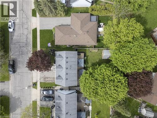 Single-story property with a brown shingle roof, featuring a private backyard with established green lawn and mature trees - 26 Peachtree Crescent, Cambridge, ON - Outdoor With View