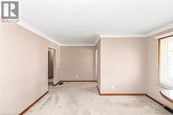 Spacious interior room featuring light gray carpeting, neutral wall tones, white crown molding, and wood-finish baseboards - 