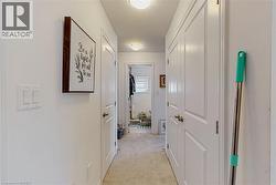 Hallway featuring light-colored carpet, white walls, and paneled doors with brass-toned hardware - 