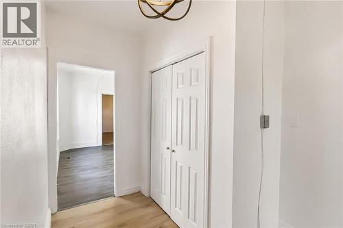 Hallway featuring light wood-finish flooring, white paneled bifold doors, an overhead decorative light fixture, and freshly painted white walls - 87 Lancaster Street W, Kitchener, ON - Indoor Photo Showing Other Room