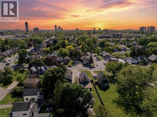 Aerial perspective of a residential neighborhood featuring detached homes with varied architectural styles - 87 Lancaster Street W, Kitchener, ON - Outdoor With View