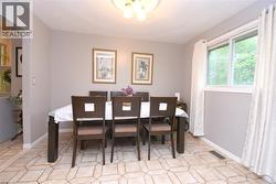 Dining area featuring geometric tile flooring, neutral wall tones, a large window, and a ceiling-mounted light fixture - 
