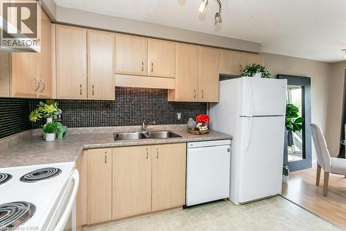 Kitchen featuring light wood-finish cabinetry, a black mosaic tile backsplash, and a double basin stainless steel sink - 71 Foxglove Crescent, Kitchener, ON - Indoor Photo Showing Kitchen With Double Sink