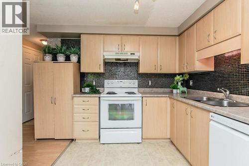 Kitchen featuring light wood-finish cabinetry, a black mosaic tile backsplash, a white electric range, and a double basin stainless steel sink - 71 Foxglove Crescent, Kitchener, ON - Indoor Photo Showing Kitchen With Double Sink