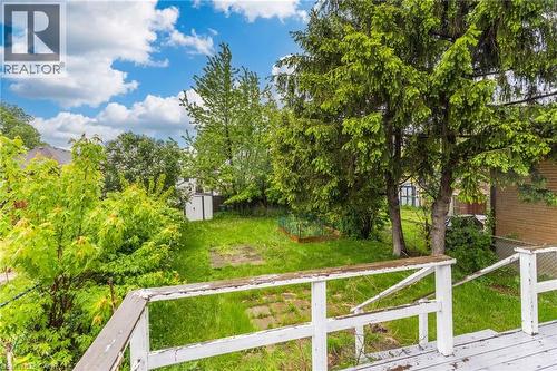 Expansive backyard featuring a lush lawn, mature trees, and a visible storage shed - 46 East 16Th Street, Hamilton, ON - Outdoor