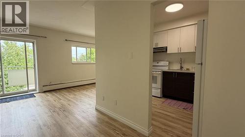 Open concept living area with wood-finish flooring, sliding glass door to a balcony, and abundant natural light - 206 Indian Road, Kitchener, ON - Indoor