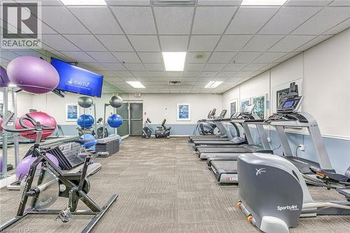 Fitness center featuring multiple treadmills, exercise bikes, stability balls, and an entertainment screen - 1270 Maple Crossing Boulevard Unit# 1705, Burlington, ON - Indoor Photo Showing Gym Room