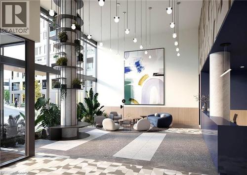 Spacious lobby featuring a striking central column with integrated planters, expansive window walls, and a distinctive patterned tile floor - 4878 Powers Common Unit# C-1108, Burlington, ON - Indoor Photo Showing Other Room