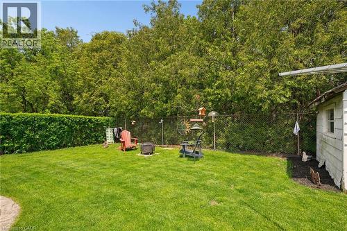 Expansive lawn area featuring a mature hedge, chain link fencing, a detached storage shed, and surrounding trees - 1862 Briarwood Drive, Cambridge, ON - Outdoor