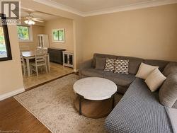 Living area featuring wood-finish flooring, neutral wall tones, and crown molding - 