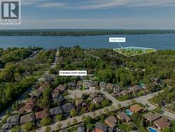 Aerial perspective showcasing a residential area with mature trees and a substantial body of water - 