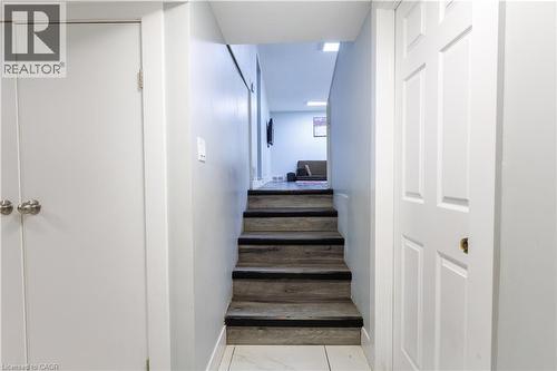 Staircase with wood-finish treads and risers, featuring a white painted handrail - 18 Silverdale Crescent, London, ON - Indoor Photo Showing Other Room