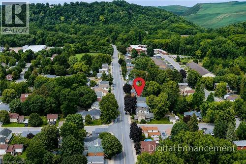 Aerial perspective of a residential neighborhood featuring established homes and mature tree-lined streets - 319 King Street W, Dundas, ON - Outdoor With View