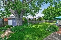 Expansive backyard featuring a mature tree, vibrant green lawn, dedicated garden beds, a storage shed, and a wooden deck - 
