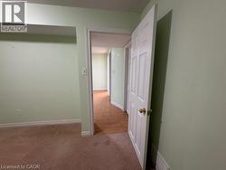Den with a Door featuring light green walls, brown carpeting, white baseboards, and a flush mount ceiling light fixture - 