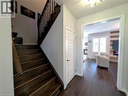 Dark wood-finish flooring extending through the entry and into an open living area - 