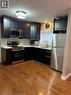 Kitchen featuring dark cabinetry, stainless steel appliances, a mosaic tile backsplash, light countertops, and wood-finish flooring - 179 S Vine Street S, St. Catharines, ON 