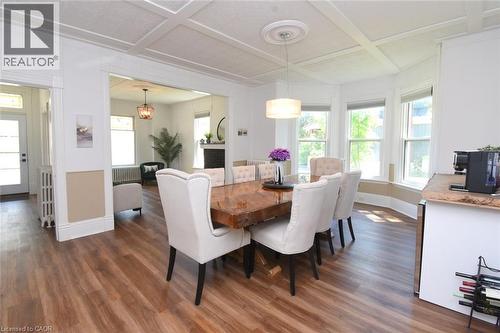 Dining area featuring coffered ceilings and a bay window - 89 Lynden Road, Lynden, ON 