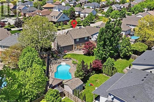 Rear exterior featuring a kidney-shaped swimming pool with stone coping, a detached shed, a wooden deck, and mature landscaping with a manicured lawn - 56 Mccaffery Crescent, St. Catharines, ON - Outdoor With In Ground Pool