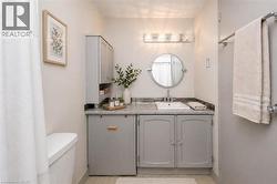 Bathroom featuring a vanity with gray cabinetry, a white basin, and a gray countertop - 