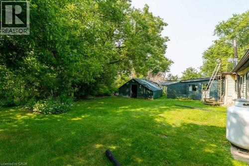 Expansive green lawn surrounded by mature trees, featuring multiple outbuildings including a shed with a sloping roof and a larger structure with siding - 1264 Parkinson Road, Woodstock, ON 