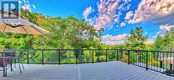 Spacious outdoor deck featuring composite decking, glass panel railing, and a lush tree canopy backdrop - 