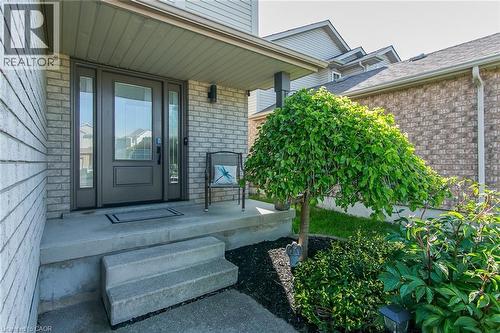 Inviting entryway featuring a dark-paneled door with sidelights, a covered concrete porch, brick facade, and a landscaped garden with a mature tree - 529 Chesapeake Crescent, Waterloo, ON - Outdoor With Deck Patio Veranda