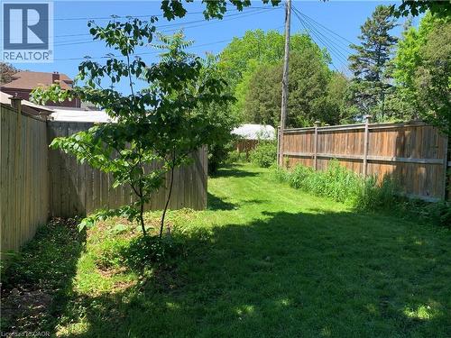 Expansive backyard featuring a manicured lawn, full privacy fencing, established plantings, and mature perimeter trees - 405 Macnab Street N, Hamilton, ON 