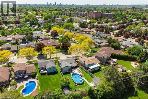 Aerial perspective showcasing a residential neighborhood with established homes, mature trees, and a distant cityscape - 44 Oakhurst Crescent, Kitchener, ON - Outdoor With In Ground Pool With View