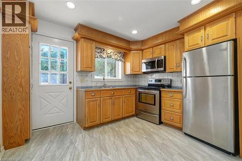 Kitchen featuring wood cabinetry, stainless steel appliances, and wood-finish flooring - 14 Niagara Street, Hamilton, ON 
