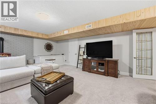 Carpeted living area with a textured ceiling and a wood stove - 28 Deerview Avenue, Ancaster, ON 