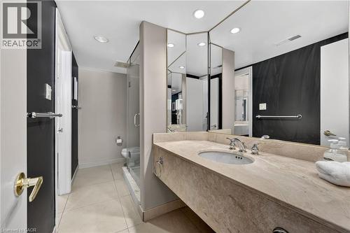 Bathroom with vanity, a stall shower, recessed lighting, and light tile patterned floors - 90 Highland Drive Unit# 2014/15, Simcoe, ON 