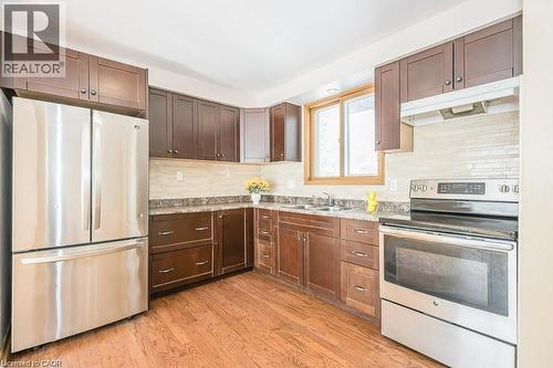 Kitchen featuring wood-finish flooring, dark wood cabinetry, stainless steel appliances, and a tiled backsplash - 66 Summit Avenue, Kitchener, ON - Indoor Photo Showing Kitchen With Double Sink