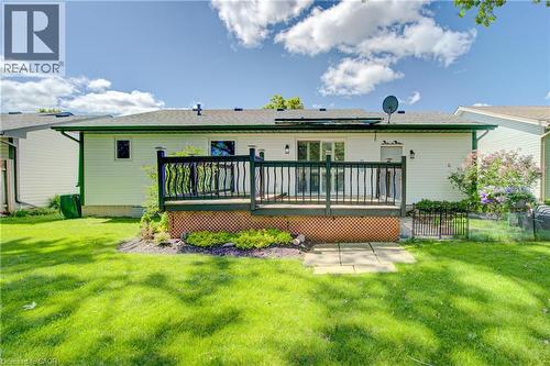 Spacious backyard featuring a raised wood deck with black railings, a manicured lawn, and mature plantings - 137 Wesley Crescent, Waterloo, ON 