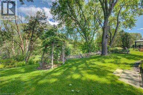 Expansive green lawn with mature trees and a wooden arbor featuring established vines - 137 Wesley Crescent, Waterloo, ON 
