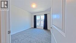 Bright room featuring light gray carpeting, crisp white walls, a large window with dark blue drapes, and a ceiling-mounted light fixture - 